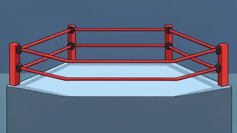 A professional wrestling ring with red ropes and turnbuckles