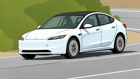 A white electric sedan parked on smooth asphalt