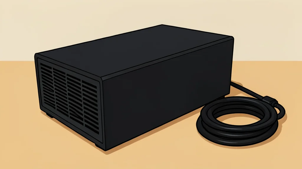 A small, black rectangular computer chassis sitting on a wooden desk