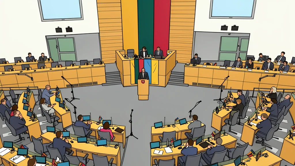 A modern parliamentary chamber with rows of empty seats facing a central podium