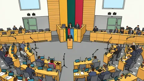 A modern parliamentary chamber with rows of empty seats facing a central podium
