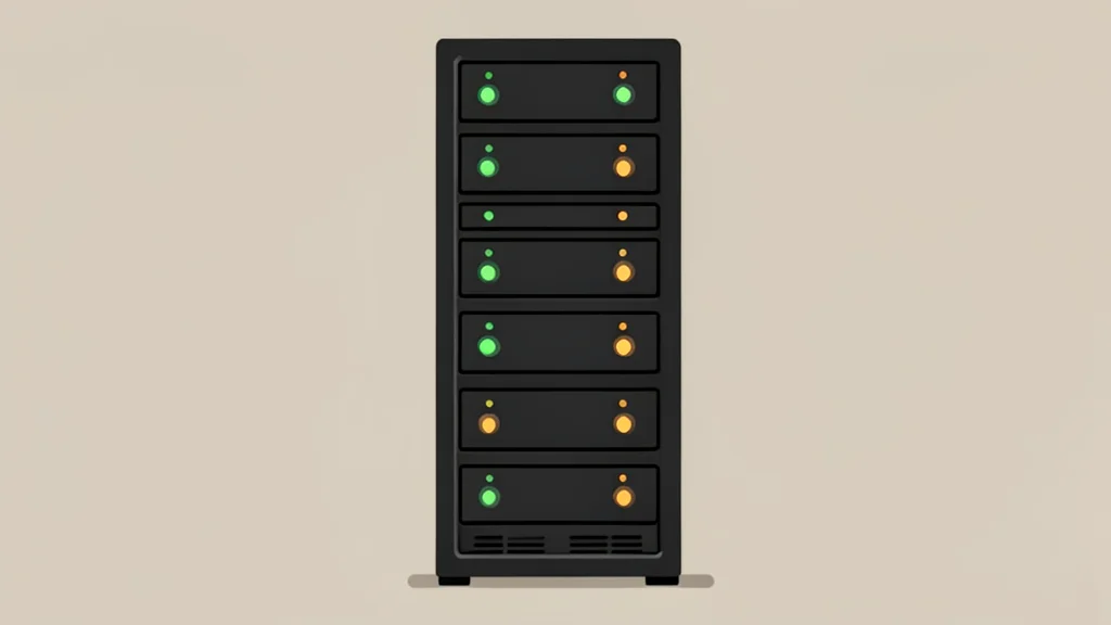 A server rack with blinking status lights