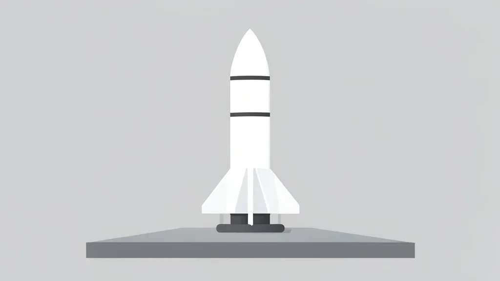 A white rocket booster standing vertically on a concrete launch pad