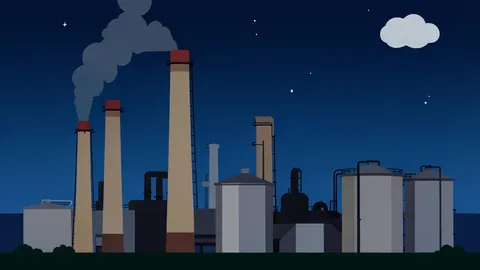 A large industrial oil refinery complex with tall smokestacks and storage tanks under a night sky