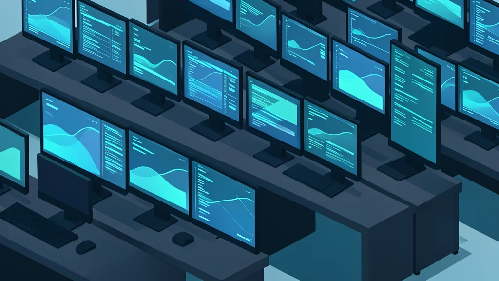 A trading floor with rows of computer terminals and monitors displaying scrolling data