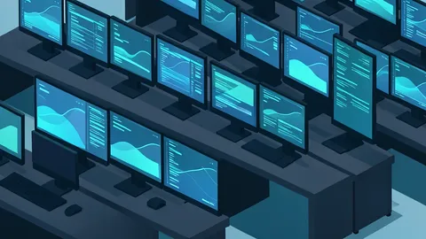 A trading floor with rows of computer terminals and monitors displaying scrolling data