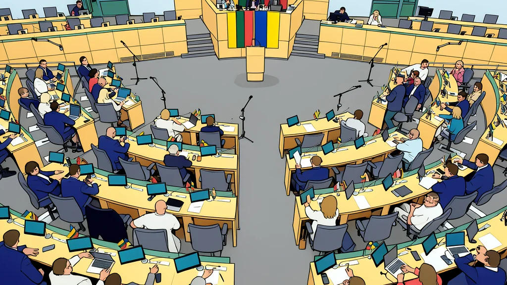 A modern parliamentary chamber with rows of empty seats facing a central podium