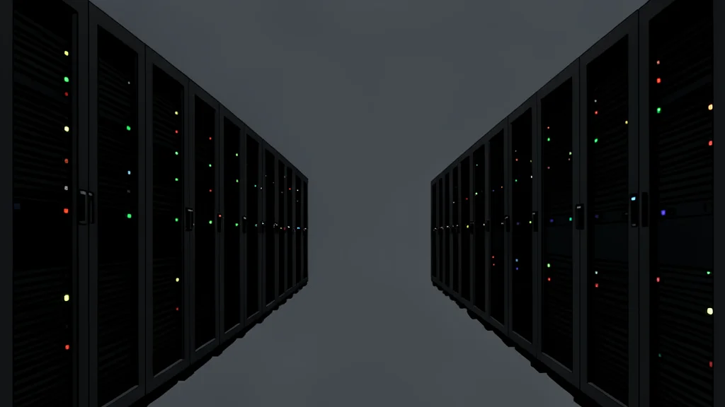 A row of black server racks with blinking status lights in a dark data center