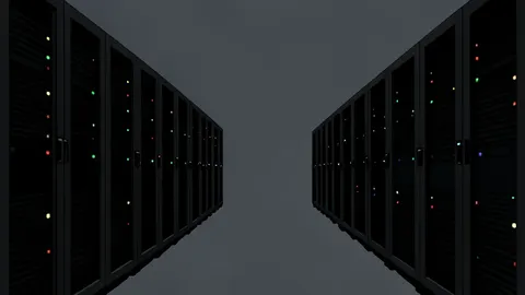 A row of black server racks with blinking status lights in a dark data center