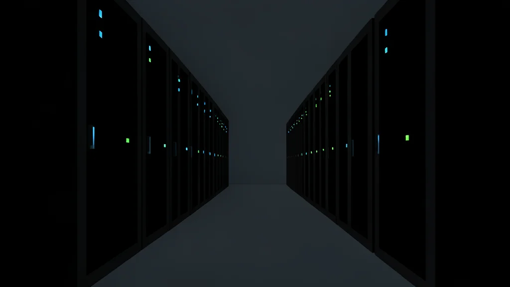 Rows of black server racks with blinking status lights in a dimly lit data center aisle