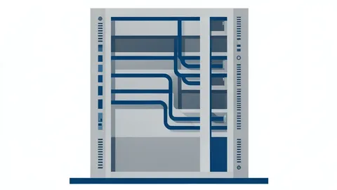 A stylized flat vector illustration of a server rack in a data center corridor.