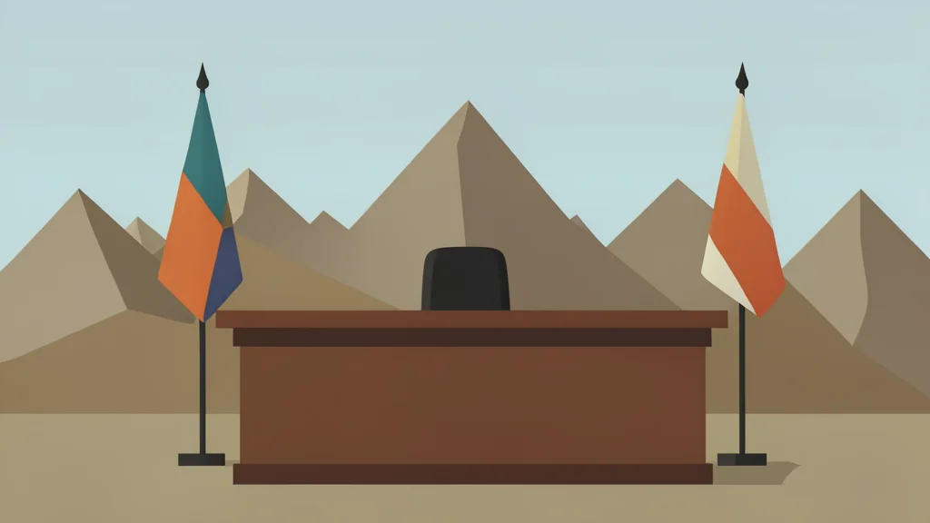 A diplomatic meeting table with two national flags standing on either side, set against a backdrop of a mountainous border landscape.