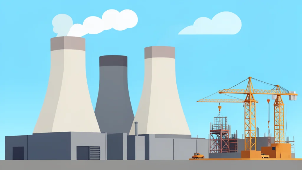 A large natural gas power plant with cooling towers standing next to a construction site with cranes.