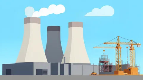 A large natural gas power plant with cooling towers standing next to a construction site with cranes.
