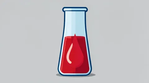 A flat vector illustration of a glass vial containing a single drop of red liquid.