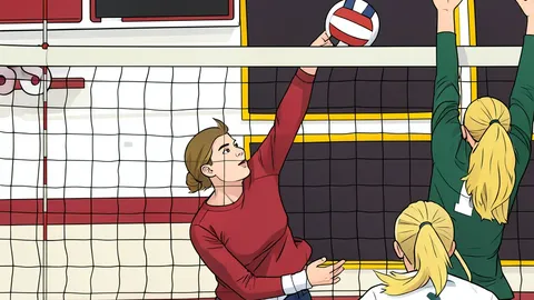 A white volleyball resting on a polished wooden gymnasium floor near a net post