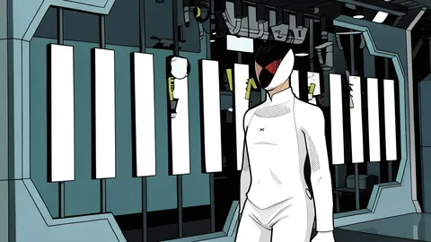 A stylized humanoid robot standing on a factory assembly line.