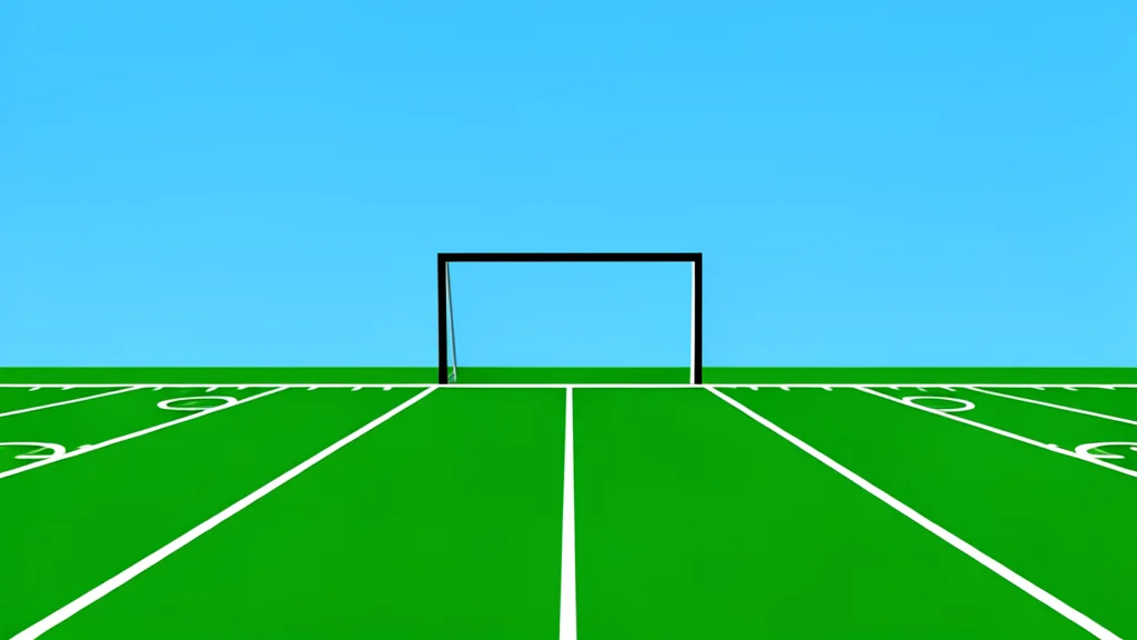 A green football field with white yard lines and goalposts in the distance