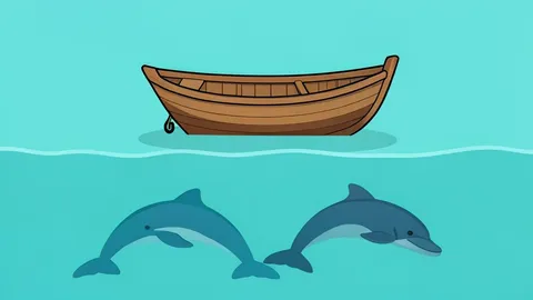 A small boat floating on calm turquoise water with dolphins swimming beneath the surface