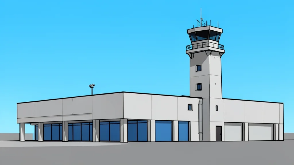A concrete airport terminal building with a control tower standing against a clear sky