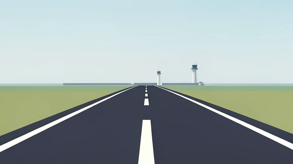 A paved airport runway stretching into a hazy horizon with a control tower in the distance