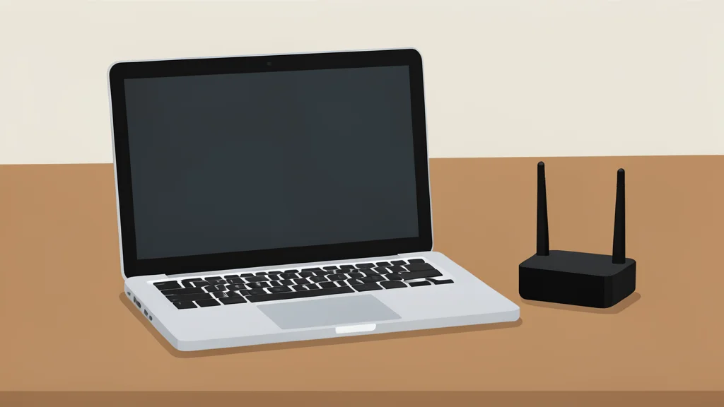 A silver laptop sitting on a wooden desk next to a small black router