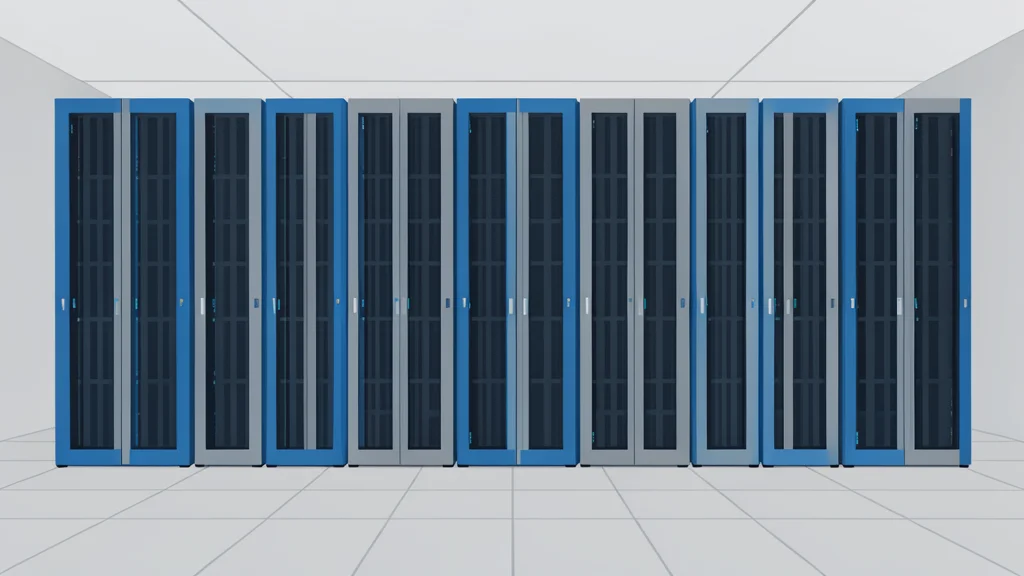 A stylized flat-vector illustration of rows of server racks inside a data center facility