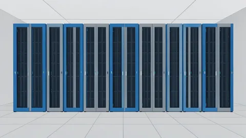 A stylized flat-vector illustration of rows of server racks inside a data center facility