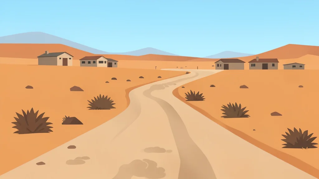 A dusty, unpaved road winding through a dry, arid landscape with scattered low-rise buildings in the distance