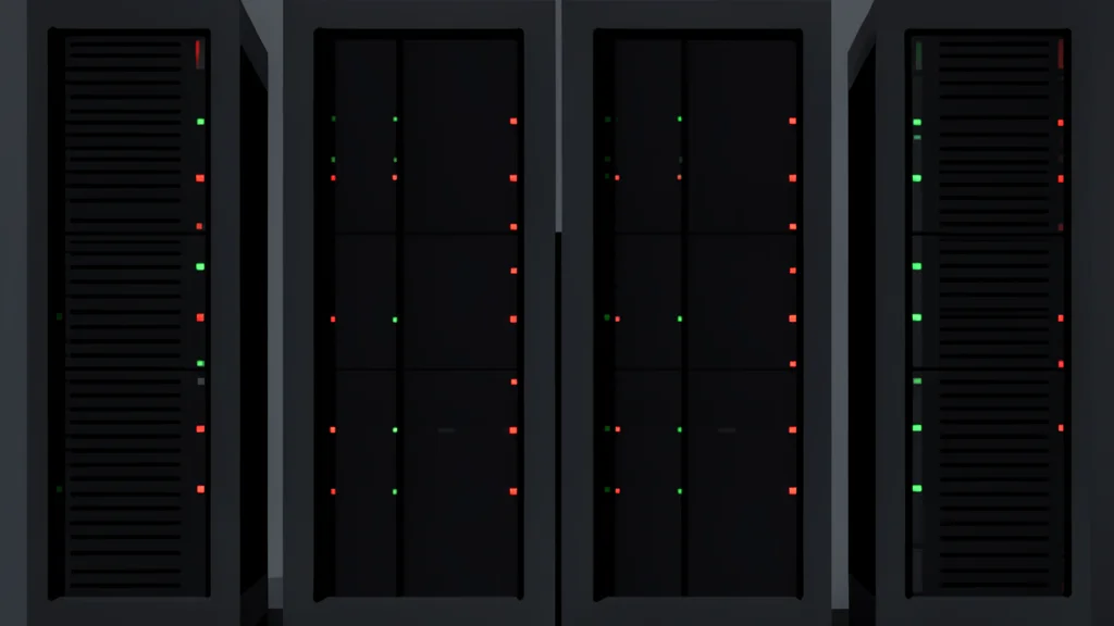 A row of industrial server racks with blinking status lights in a dark data center