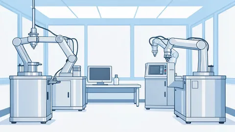 A cleanroom facility with polished metal wafer processing equipment and robotic arms