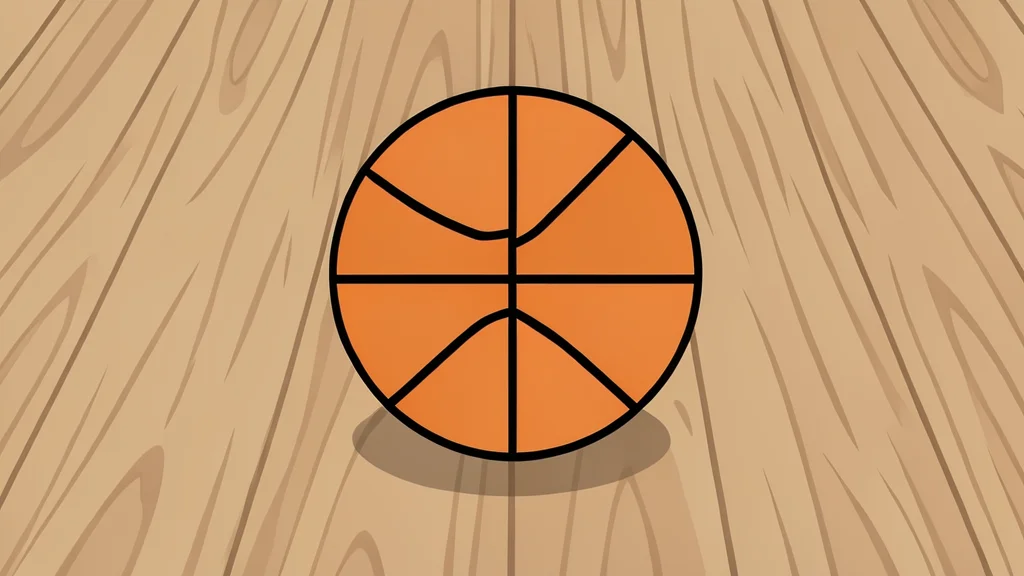 A basketball resting on a polished hardwood court floor