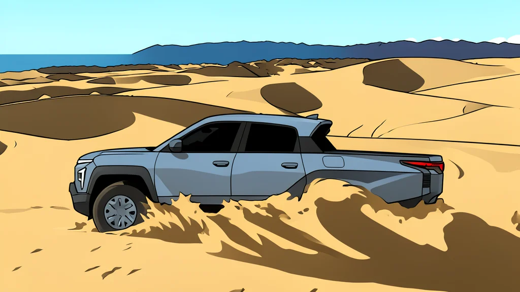 A rugged electric pickup truck with an open cargo bed parked on a dusty off-road trail