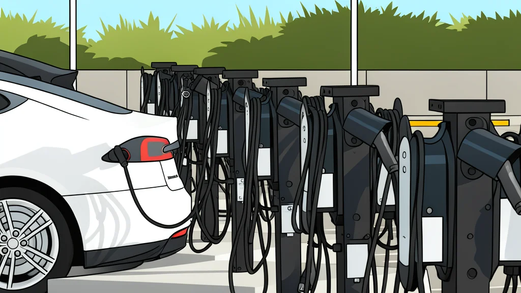 A row of modern electric vehicle charging stations with cables plugged into ports
