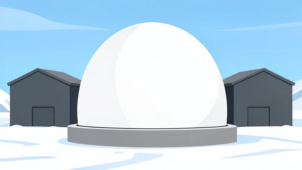 A flat vector illustration of a snow-covered arctic landscape featuring a modern military radar dome and hangar structures.