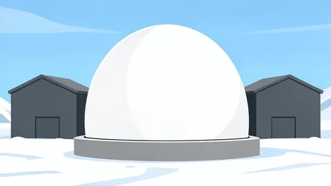 A flat vector illustration of a snow-covered arctic landscape featuring a modern military radar dome and hangar structures.
