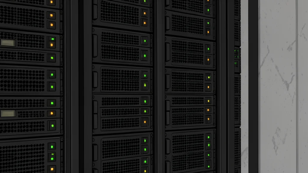A server rack with blinking status lights