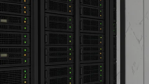 A server rack with blinking status lights