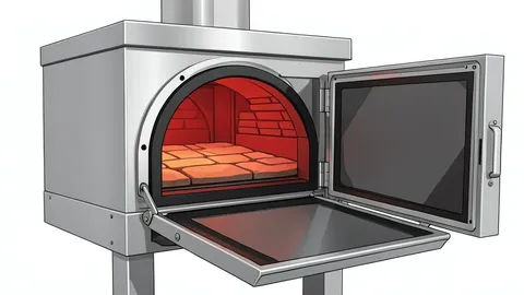 A stainless steel pizza oven with a stone baking surface