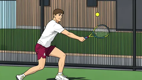 A clay tennis court with a white net stretched across the center, surrounded by green grass and a chain-link fence in the background.