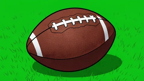 A green artificial turf field with white yard lines and a football resting on the grass