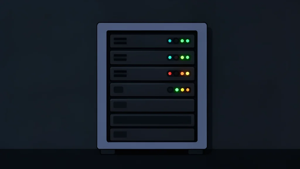 A server rack with blinking status lights in a dark room