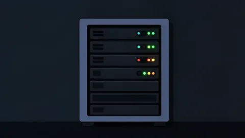 A server rack with blinking status lights in a dark room