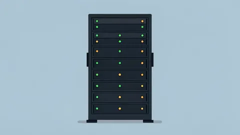 A server rack with blinking status lights