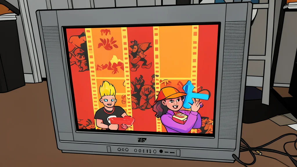 A bulky, curved glass television screen with a thick plastic casing and a bundle of colorful analog cables plugged into the back panel