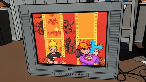 A bulky, curved glass television screen with a thick plastic casing and a bundle of colorful analog cables plugged into the back panel