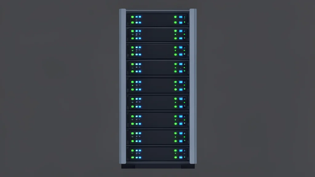 A sleek server rack with glowing status lights indicating active processing.
