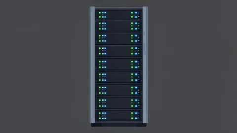 A sleek server rack with glowing status lights indicating active processing.