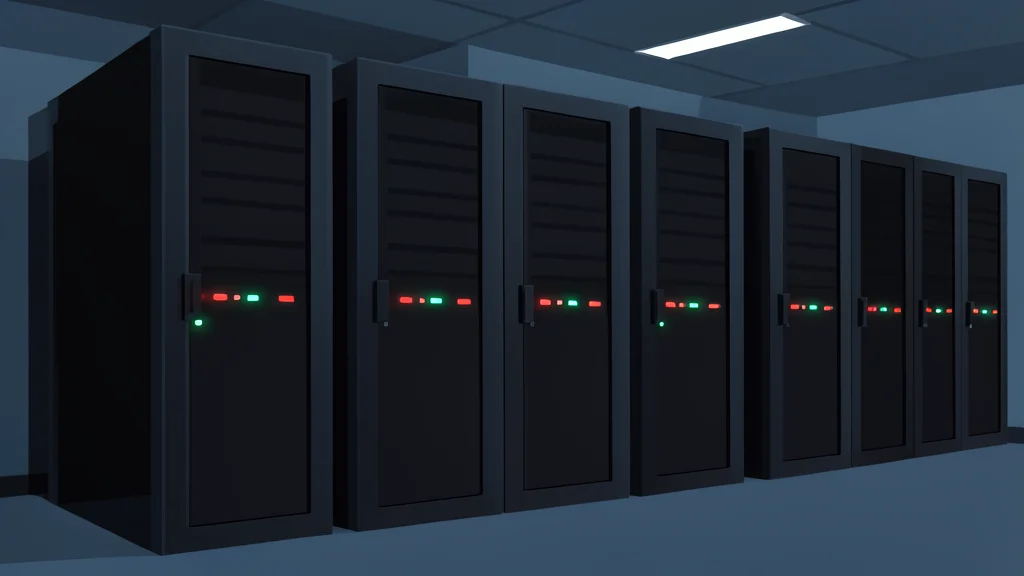 A row of industrial server racks with blinking status lights in a dimly lit data center