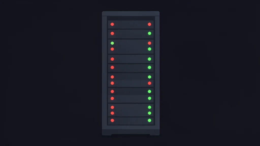 A server rack with blinking status lights in a dark room
